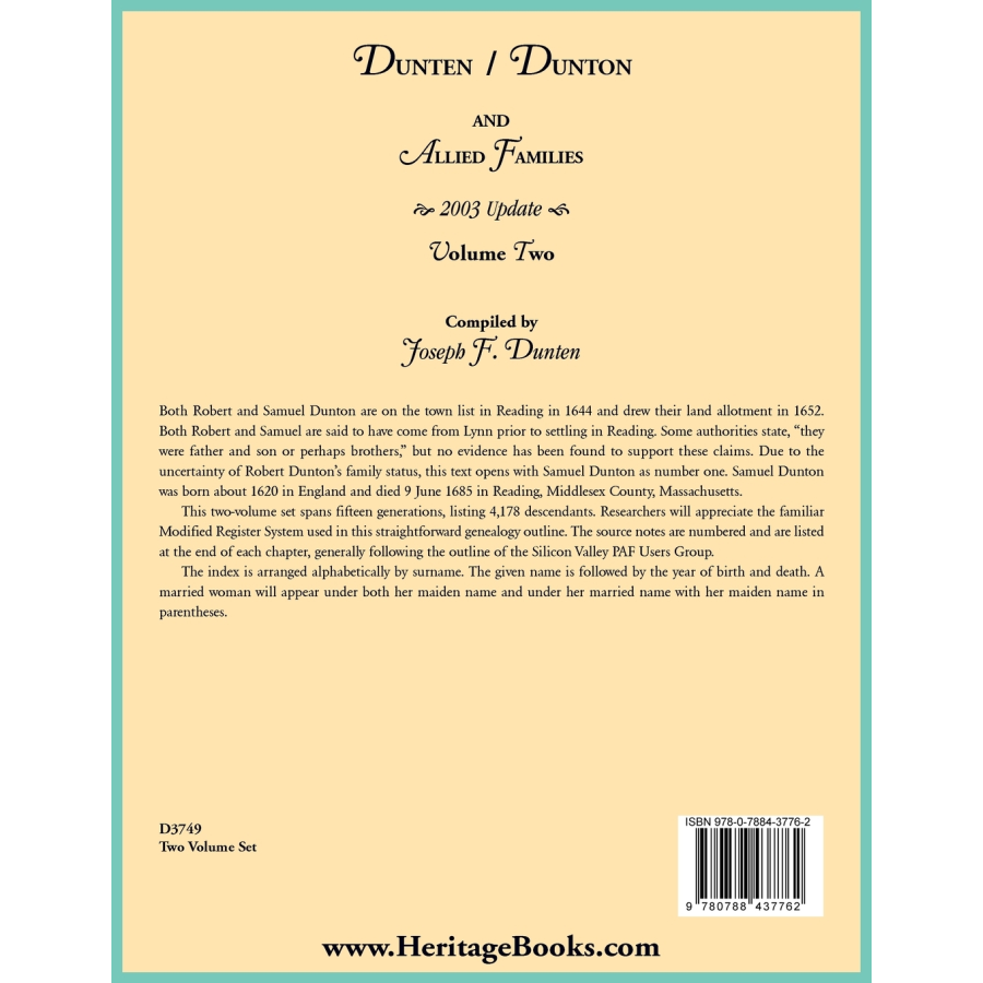Dunten/Dunton and Allied Families, 2003 update, Volume II back cover