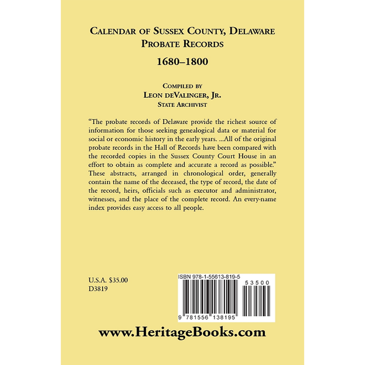 Calendar of Sussex County, Delaware Probate Records 1680-1800 back cover