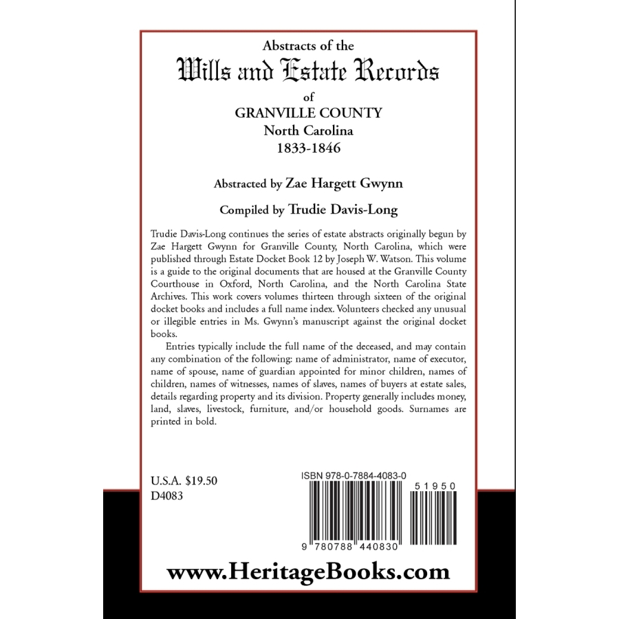 Abstracts of the Wills and Estate Records of Granville County, North Carolina, 1833-1846 back cover