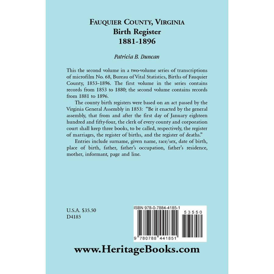 Fauquier County, Virginia Birth Register 1881-1896 back cover