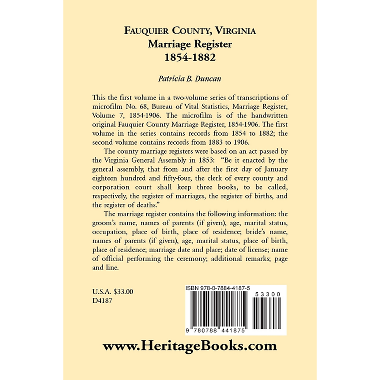 Fauquier County, Virginia Marriage Register 1854-1882 back cover