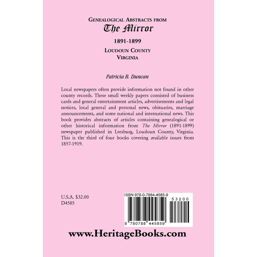 Genealogical Abstracts from the Mirror, 1891-1899, Loudoun County, Virginia back cover