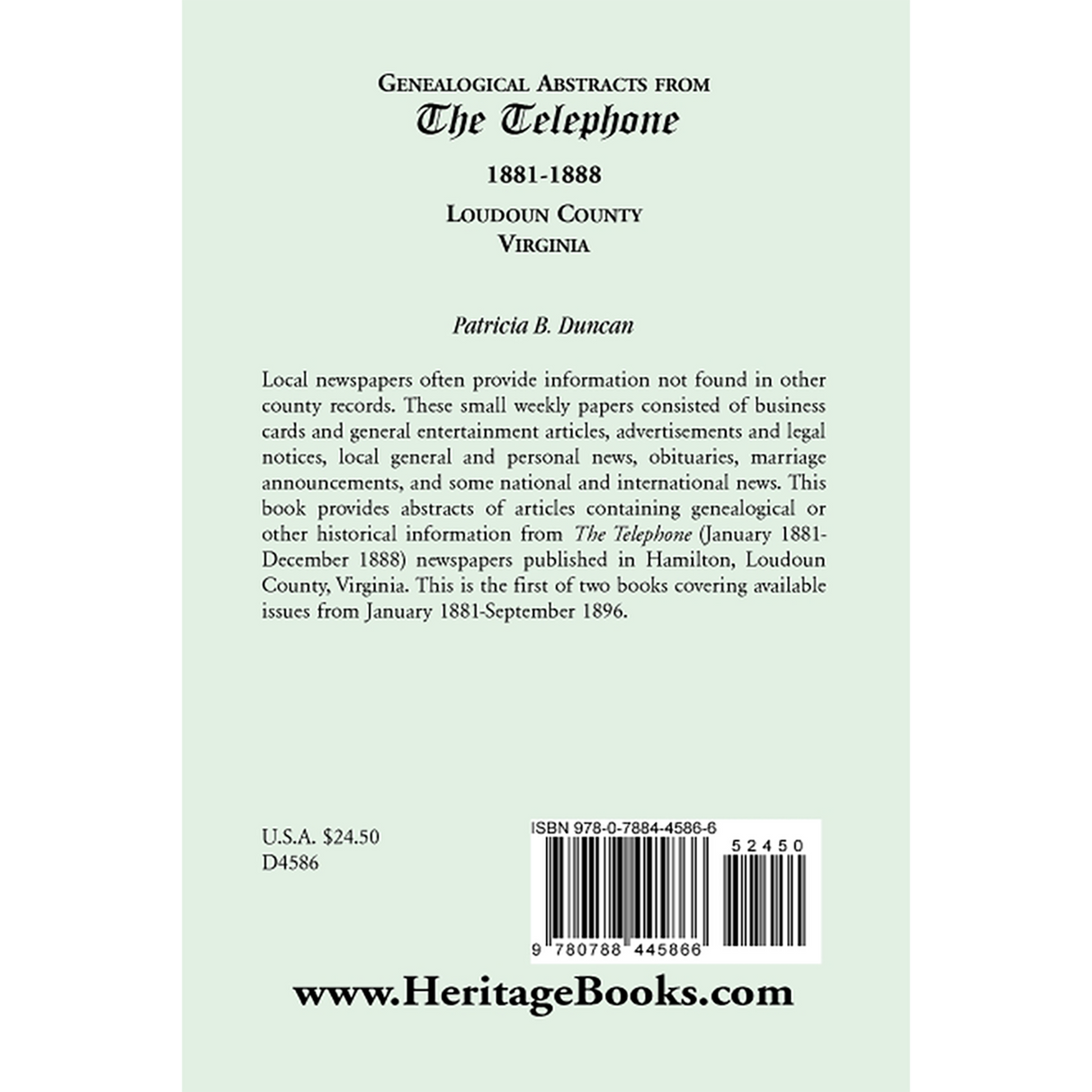 Genealogical Abstracts from the Telephone, 1881-1888, Loudoun County, Virginia back cover