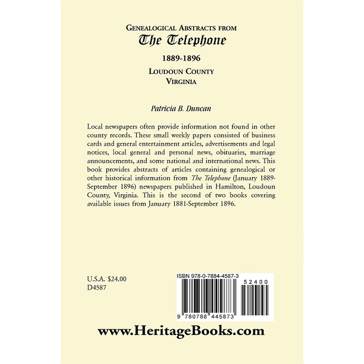 Genealogical Abstracts from the Telephone, 1889-1896, Loudoun County, Virginia back cover