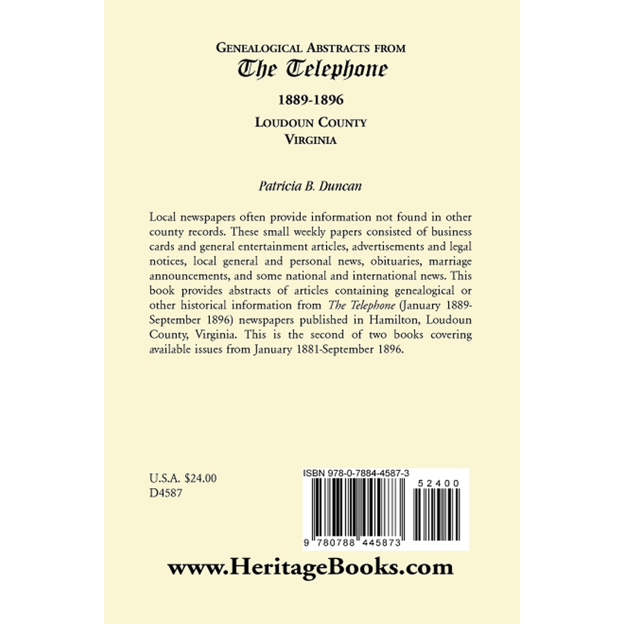Genealogical Abstracts from the Telephone, 1889-1896, Loudoun County, Virginia back cover