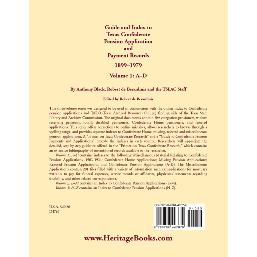 Guide and Index to Texas Confederate Pension Application and Payment Records, 1899-1979, Volume 1, A-D back cover