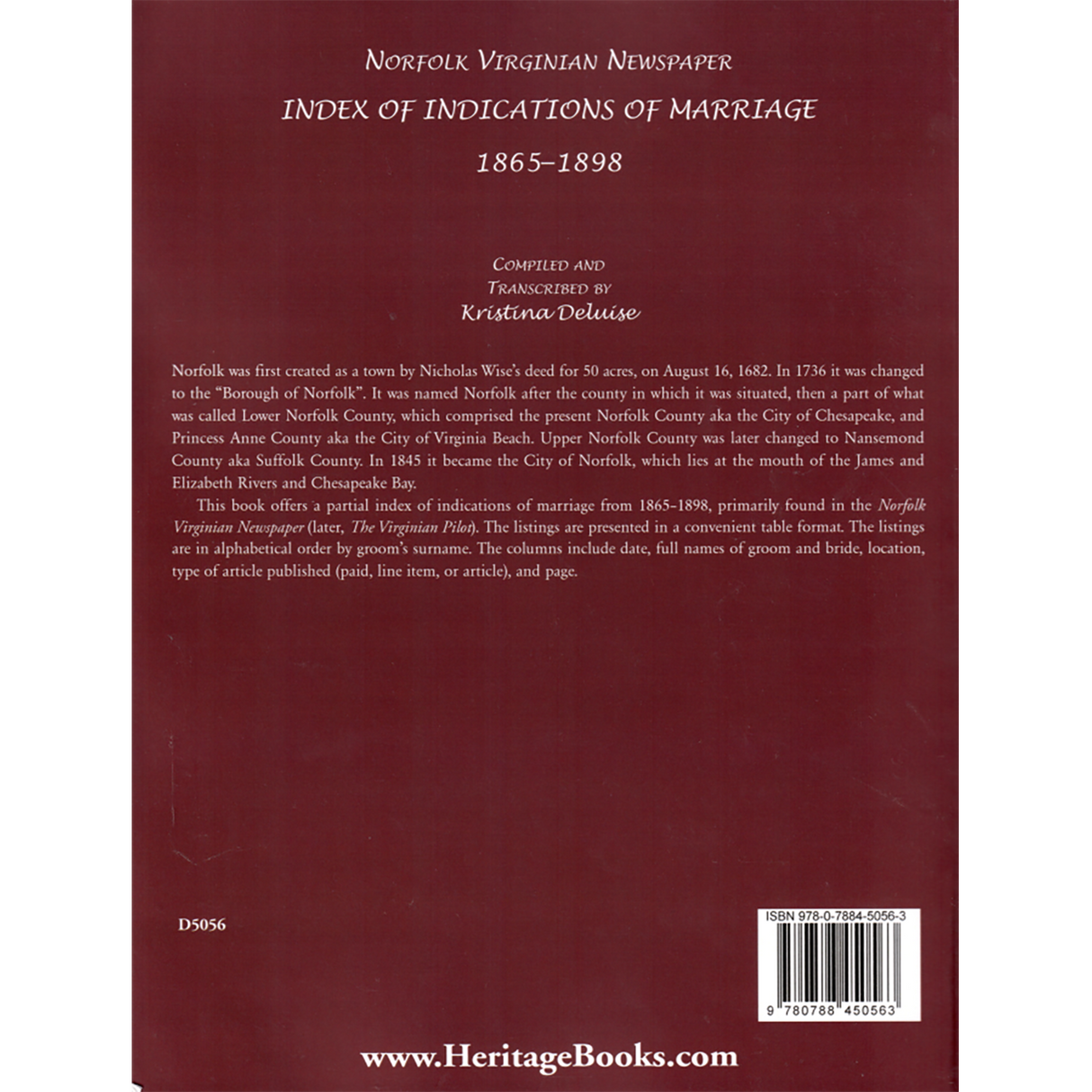 Norfolk Virginian Newspaper Index of Indications of Marriage, 1865-1898 back cover