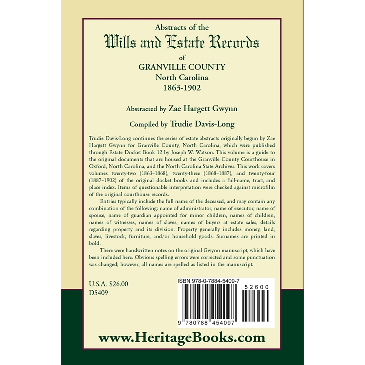 Abstracts of the Wills and Estate Records of Granville County, North Carolina, 1863-1902 by Zae Hargett Gwynn back cover