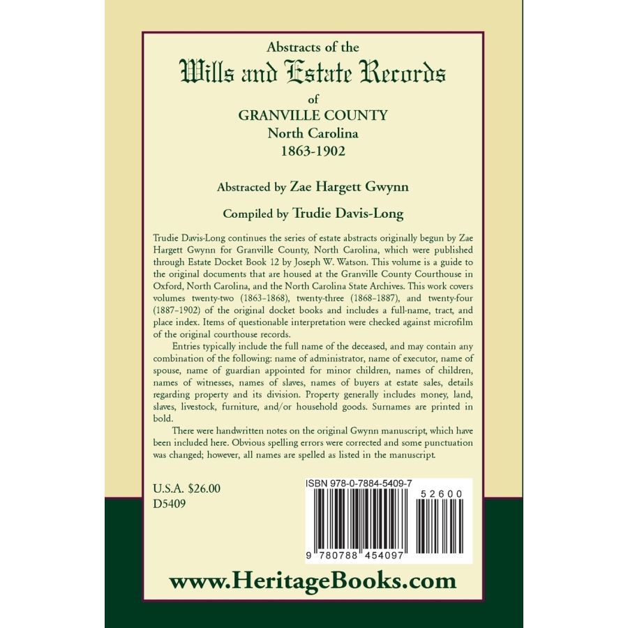 Abstracts of the Wills and Estate Records of Granville County, North Carolina, 1863-1902 by Zae Hargett Gwynn back cover