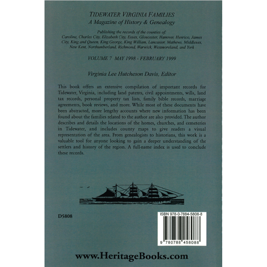 Tidewater Virginia Families: A Magazine of History and Genealogy Volume 7 May 1998-February 1999 back cover