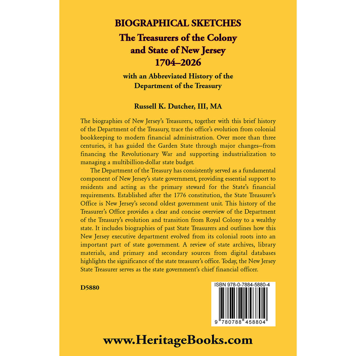 Biographical Sketches: The Treasurers of the Colony and State of New Jersey, 1704-2026 With An Abbreviated History of the Department of the Treasury back cover