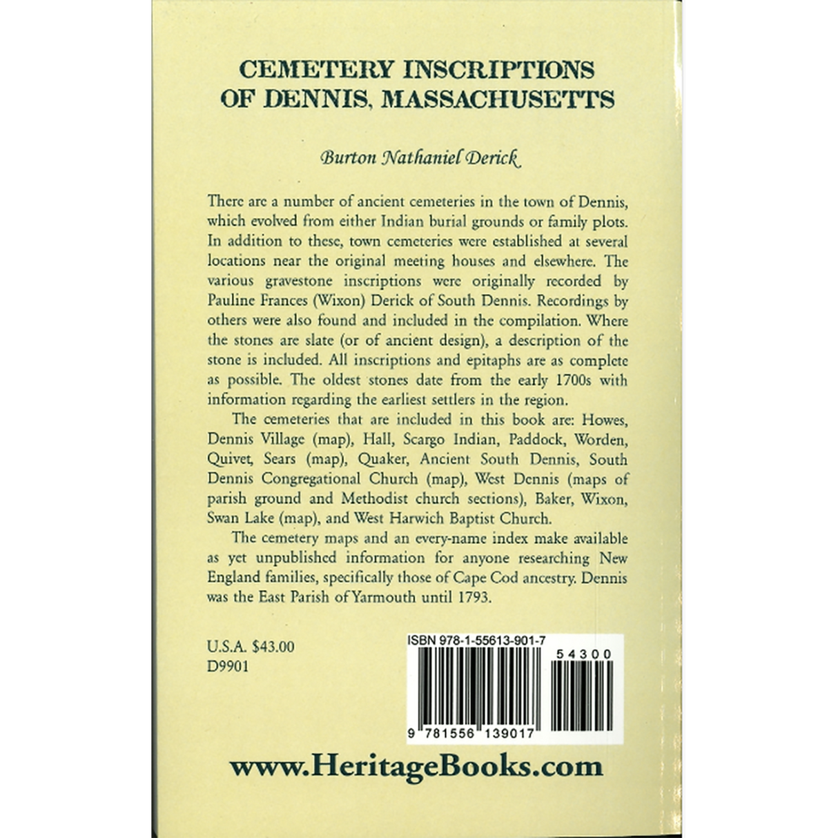 Cemetery Inscriptions of Dennis, Massachusetts back cover