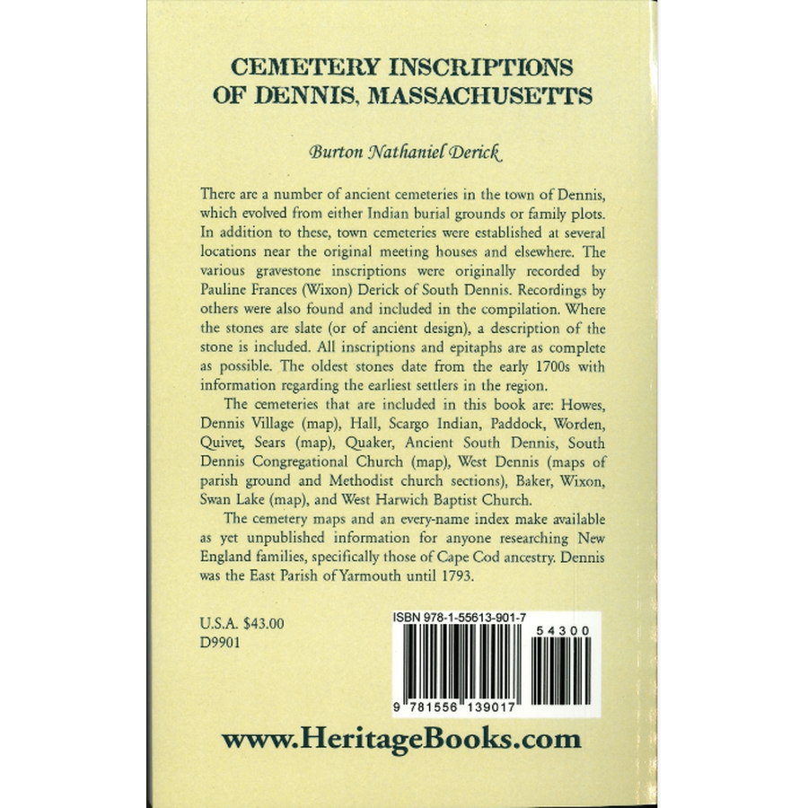 Cemetery Inscriptions of Dennis, Massachusetts back cover