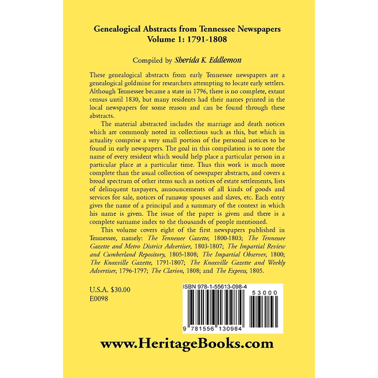Genealogical Abstracts from Tennessee Newspapers, Volume 1, 1791-1808 back cover