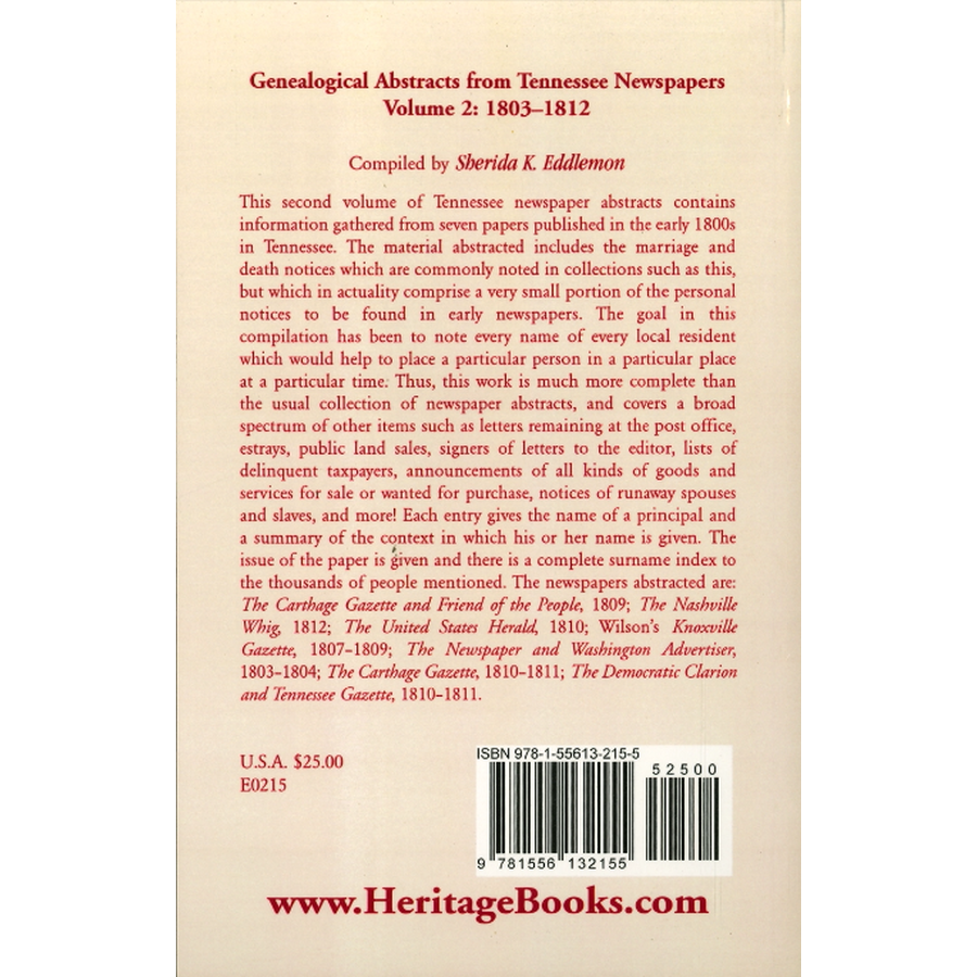 Genealogical Abstracts from Tennessee Newspapers, Volume 2, 1803-1812 back cover