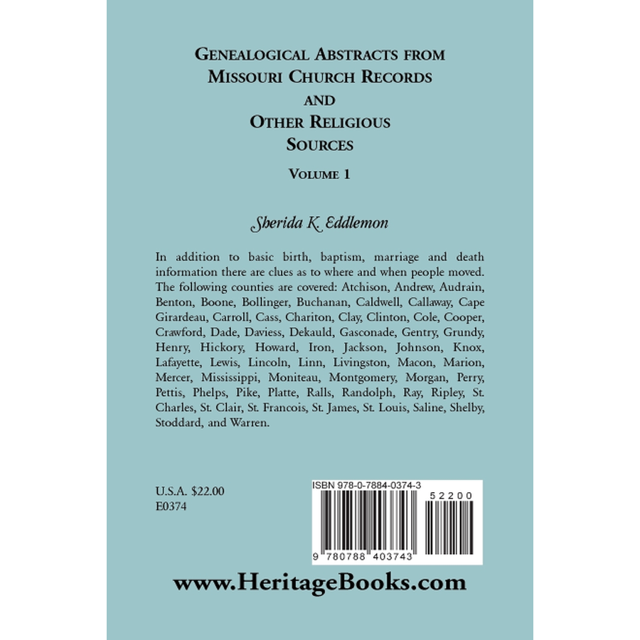 Genealogical Abstracts from Missouri Church Records and Other Religious Sources, Volume 1 back cover