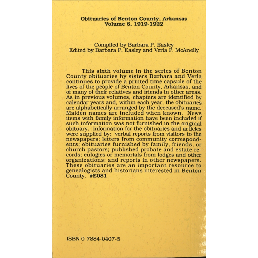 Obituaries of Benton County, Arkansas, Volume 6, 1919-1922 back cover