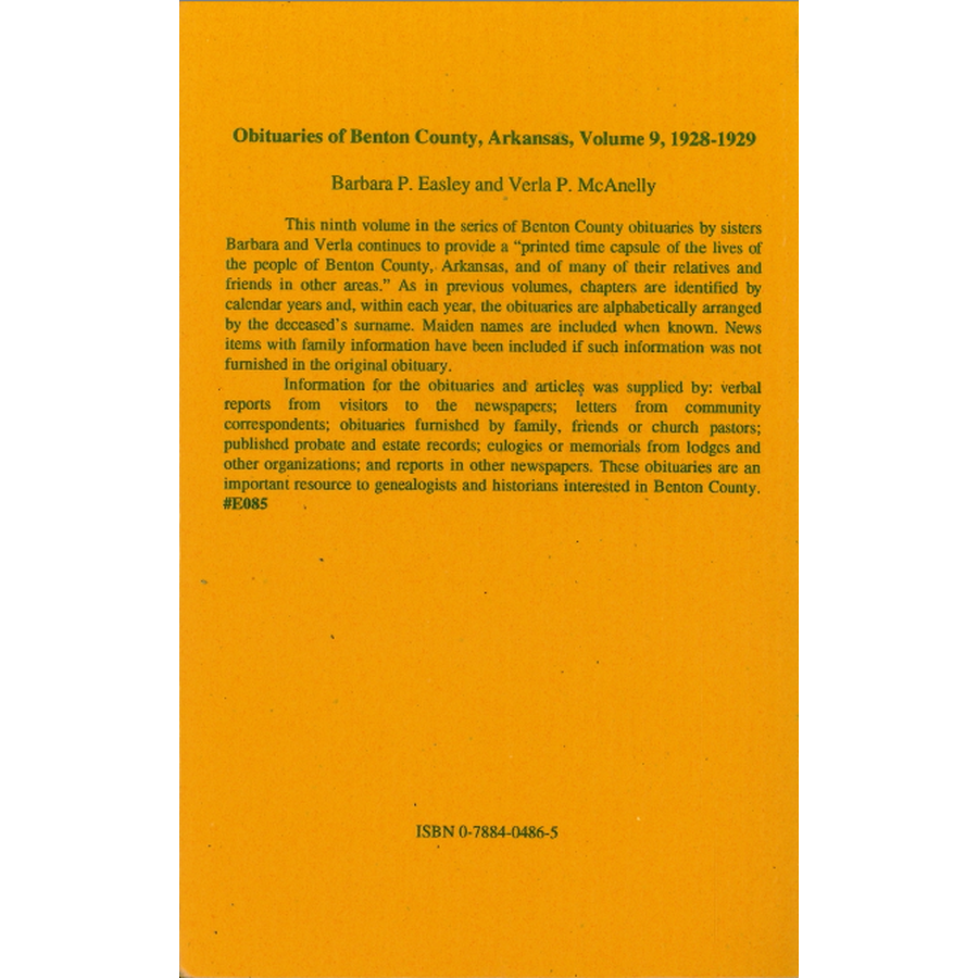 Obituaries of Benton County, Arkansas, Volume 9, 1928-1929 back cover