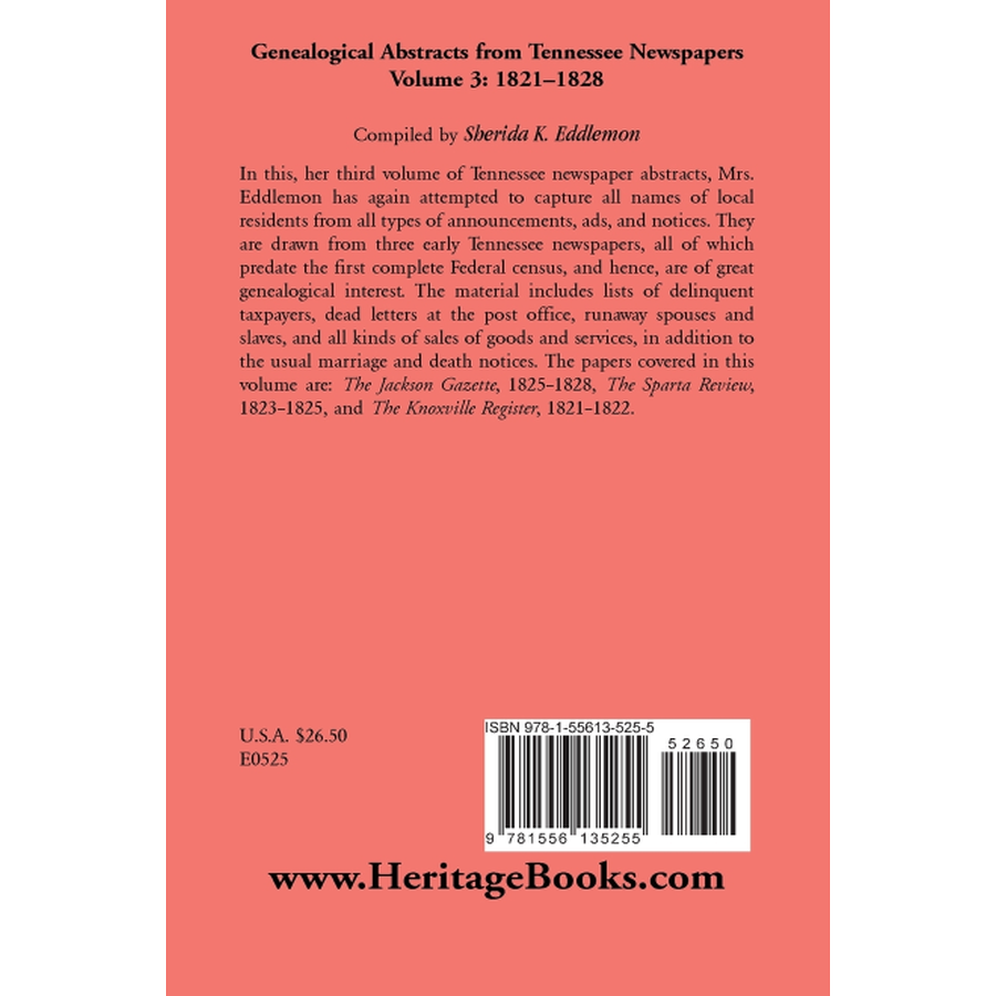 Genealogical Abstracts From Tennessee Newspapers 1821-1828 back cover