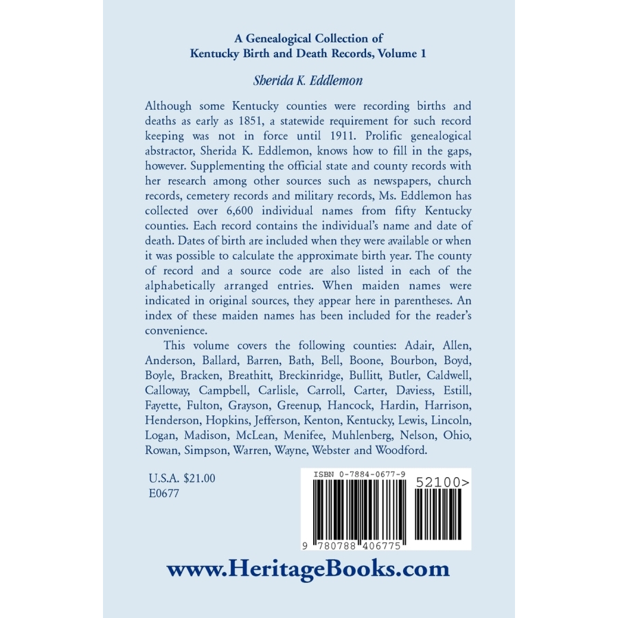 A Genealogical Collection of Kentucky Birth and Death Records, Volume 1 back cover