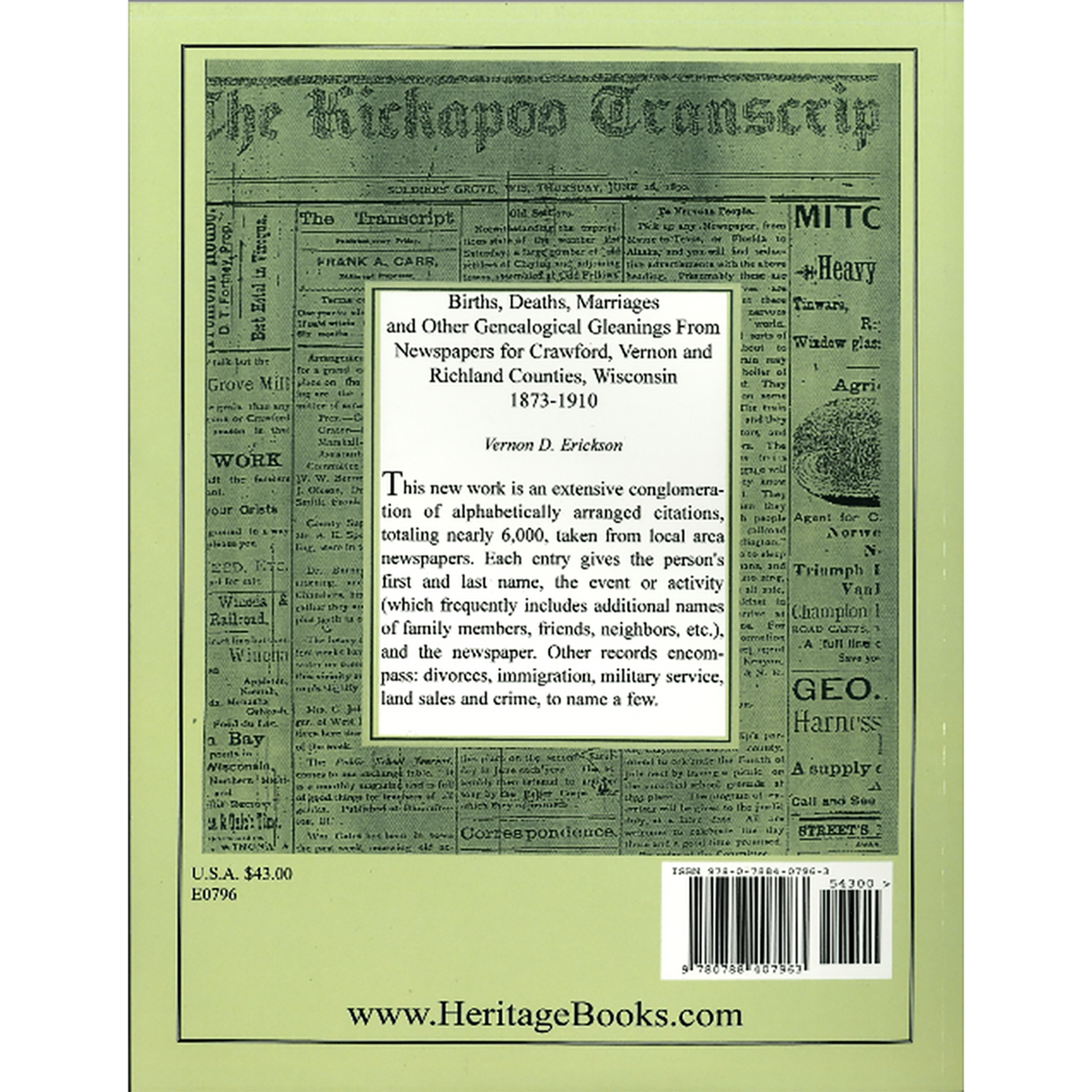 Births, Deaths, Marriages and Other Genealogical Gleanings from Newspapers for Crawford, Vernon and Richland Counties, Wisconsin, 1873-1910 back cover