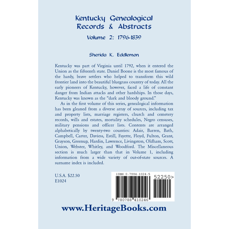 Kentucky Genealogical Records and Abstracts, Volume 2: 1796-1839 back cover