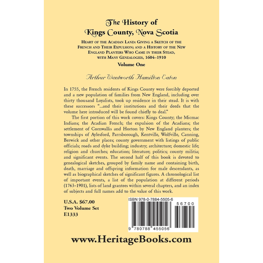 History of Kings County, Nova Scotia, Heart of the Acadian Land, Volume 1 back cover