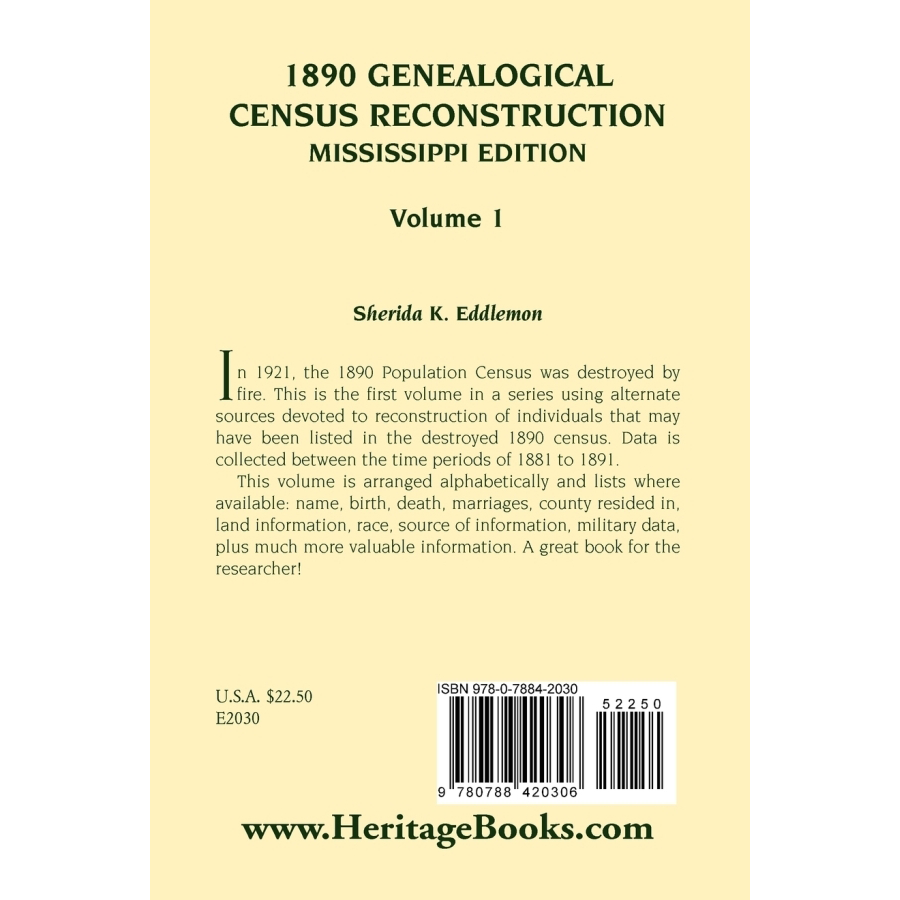 1890 Genealogical Census Reconstruction, Mississippi, Volume 1 back cover