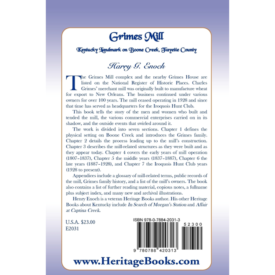 Grimes Mill, Kentucky Landmark on Boone Creek, Fayette County back cover