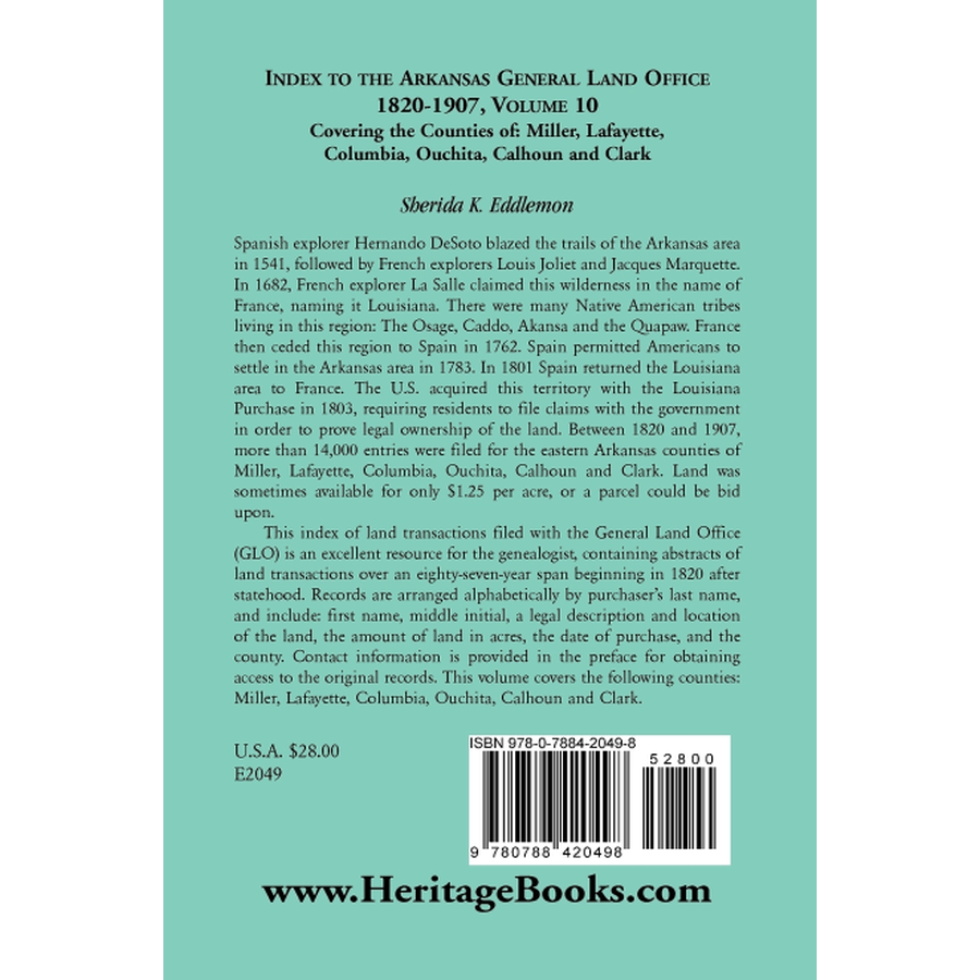 Index to the Arkansas General Land Office 1820-1907, Volume 10 back cover