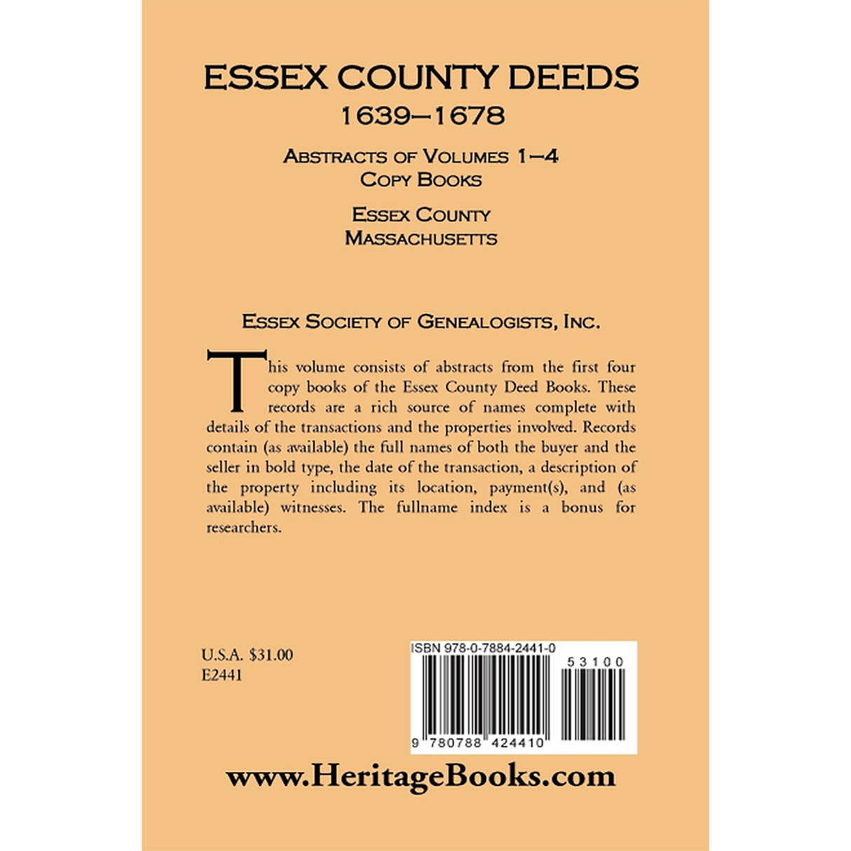Essex County Deeds 1639-1678, Abstracts of Volumes 1-4, Copy Books, Essex County, Massachusetts back cover