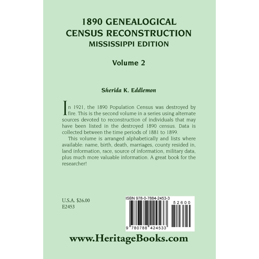 1890 Genealogical Census Reconstruction, Mississippi, Volume 2 back cover