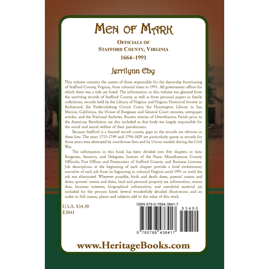 Men of Mark: Officials of Stafford County, Virginia back cover