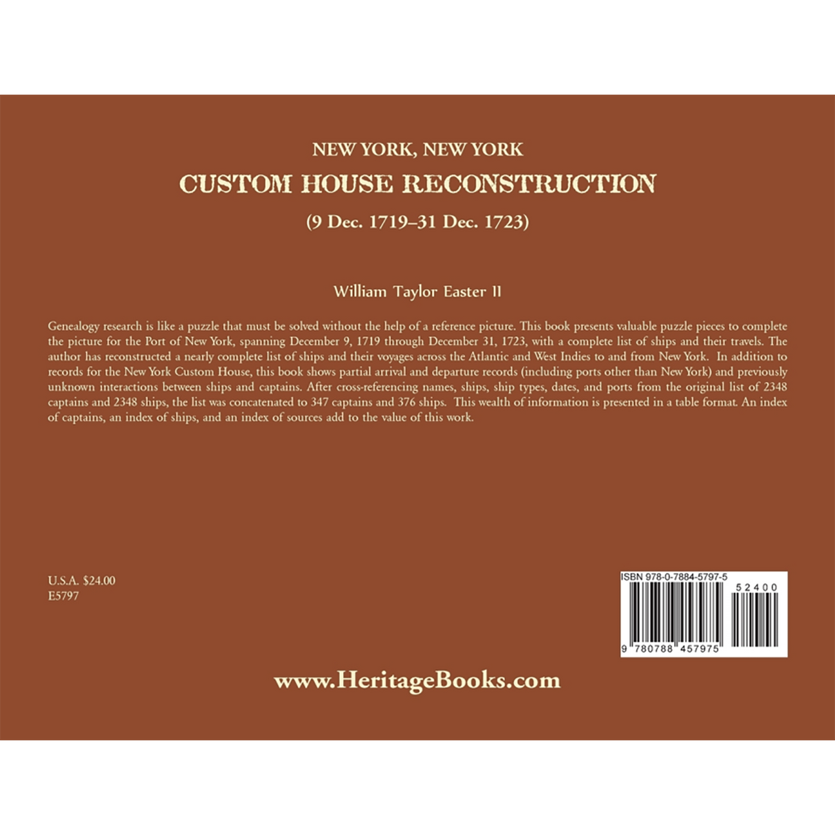 New York, New York Custom House Reconstruction, 9 Dec 1719-31 Dec 1723 back cover