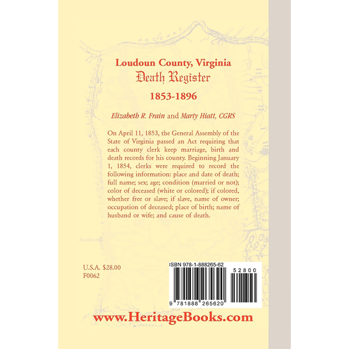 Loudoun County, Virginia Death Register 1853-1896 back cover