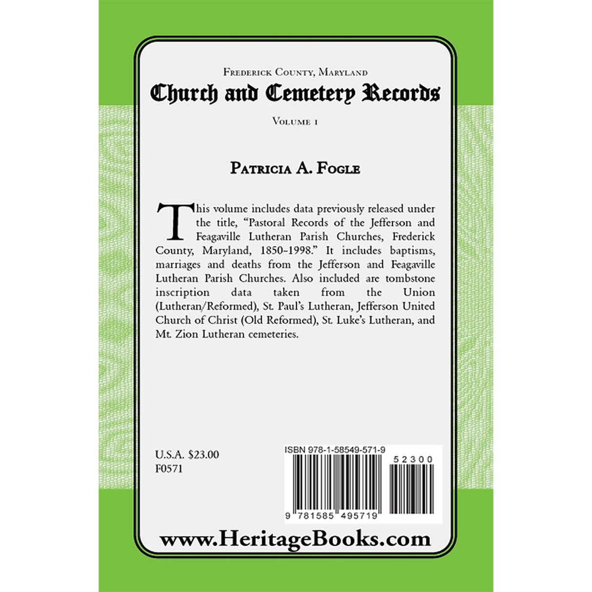 Frederick County, Maryland Church and Cemetery Records, Volume 1
