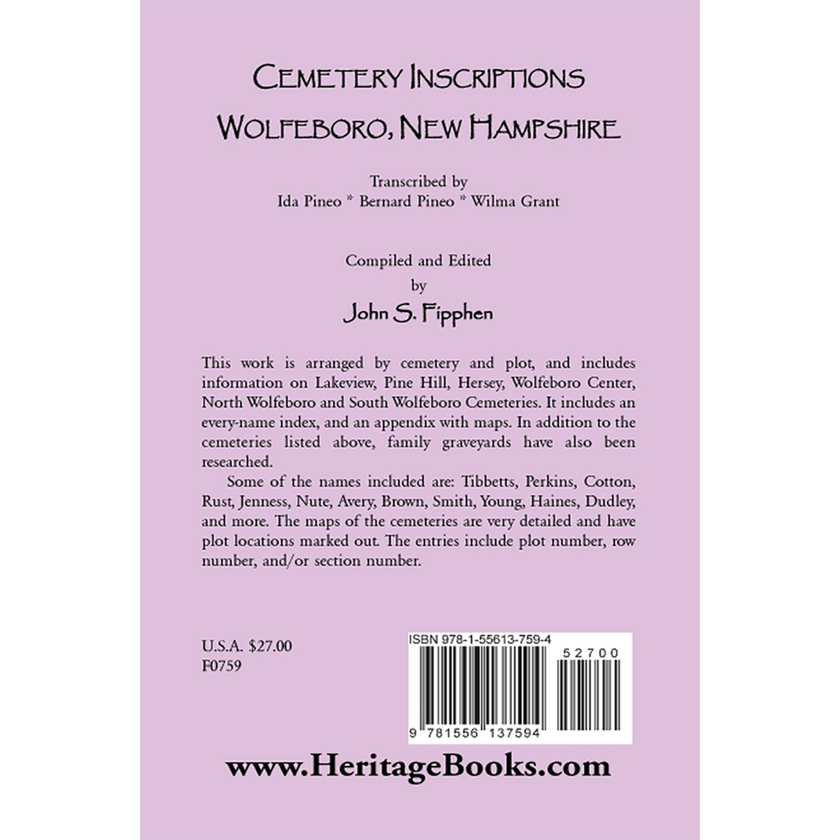 Cemetery Inscriptions, Wolfeboro, New Hampshire back cover