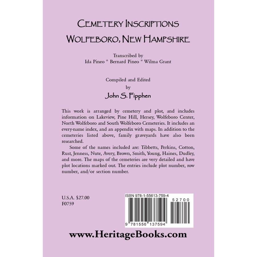 Cemetery Inscriptions, Wolfeboro, New Hampshire back cover
