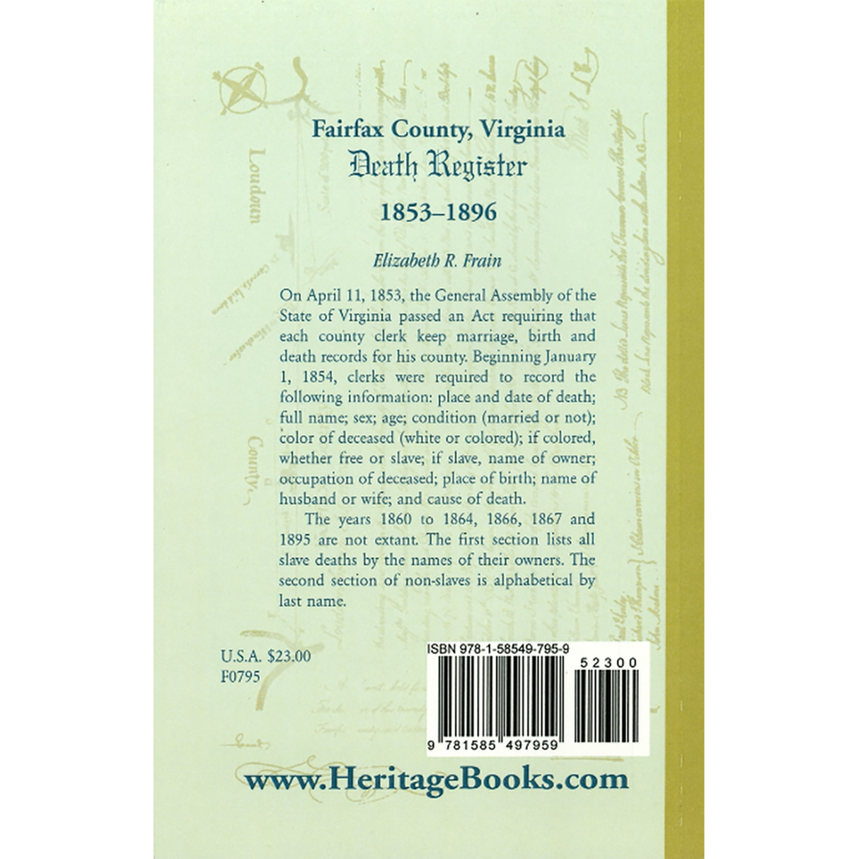 Fairfax County, Virginia Death Register, 1853-1896 back cover