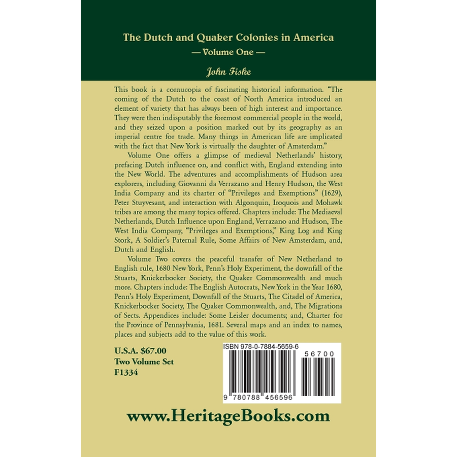 The Dutch and Quaker Colonies in America Volume 1 back cover