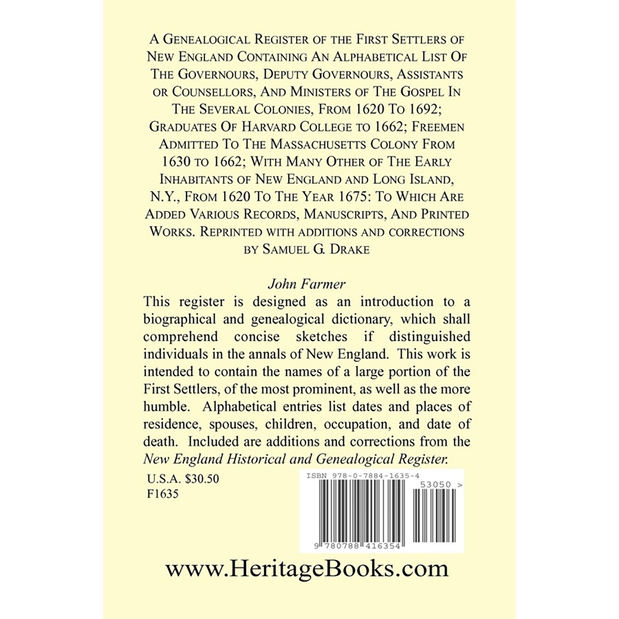 A Genealogical Register of the First Settlers of New England back cover