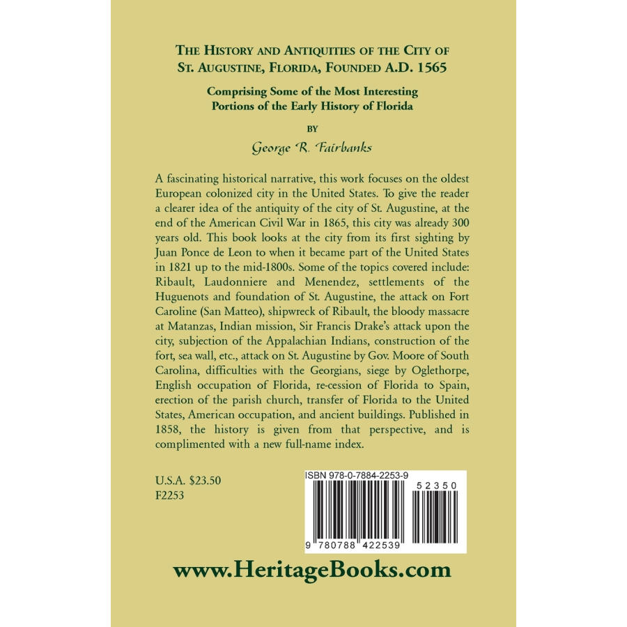 The History and Antiquities of the City of St. Augustine, Florida back cover