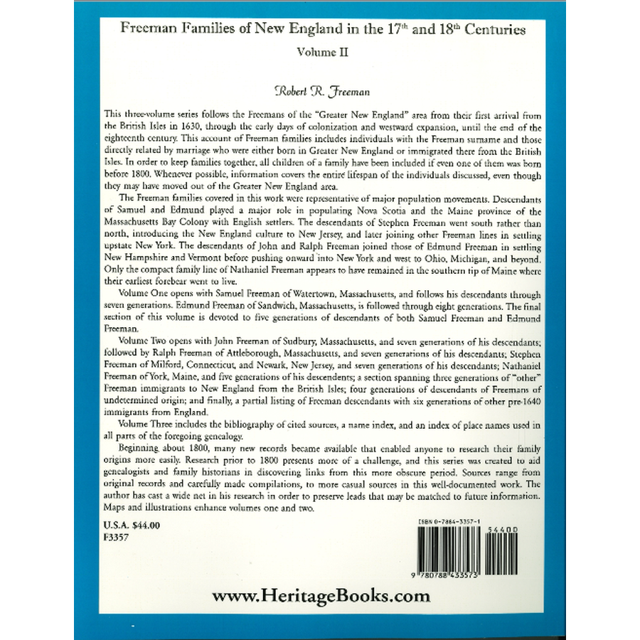 Freeman Families of New England in the 17th and 18th Centuries, Volume 2 back cover