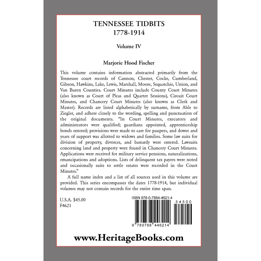 Tennessee Tidbits, 1778-1914, Volume IV back cover