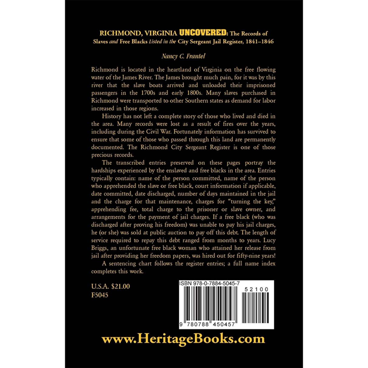Richmond, Virginia Uncovered: The Records of Slave and Free Blacks listed in the City Sergeant Jail Register, 1841-1846 back cover