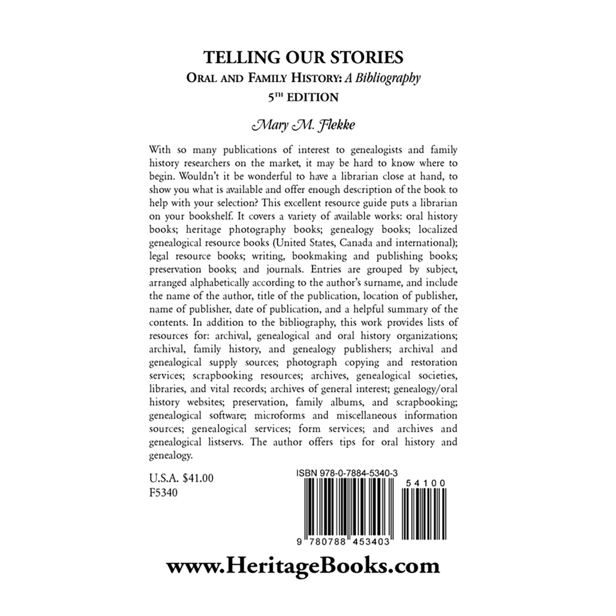 Telling Our Stories, Oral and Family History: A Bibliography, 5th Edition back cover