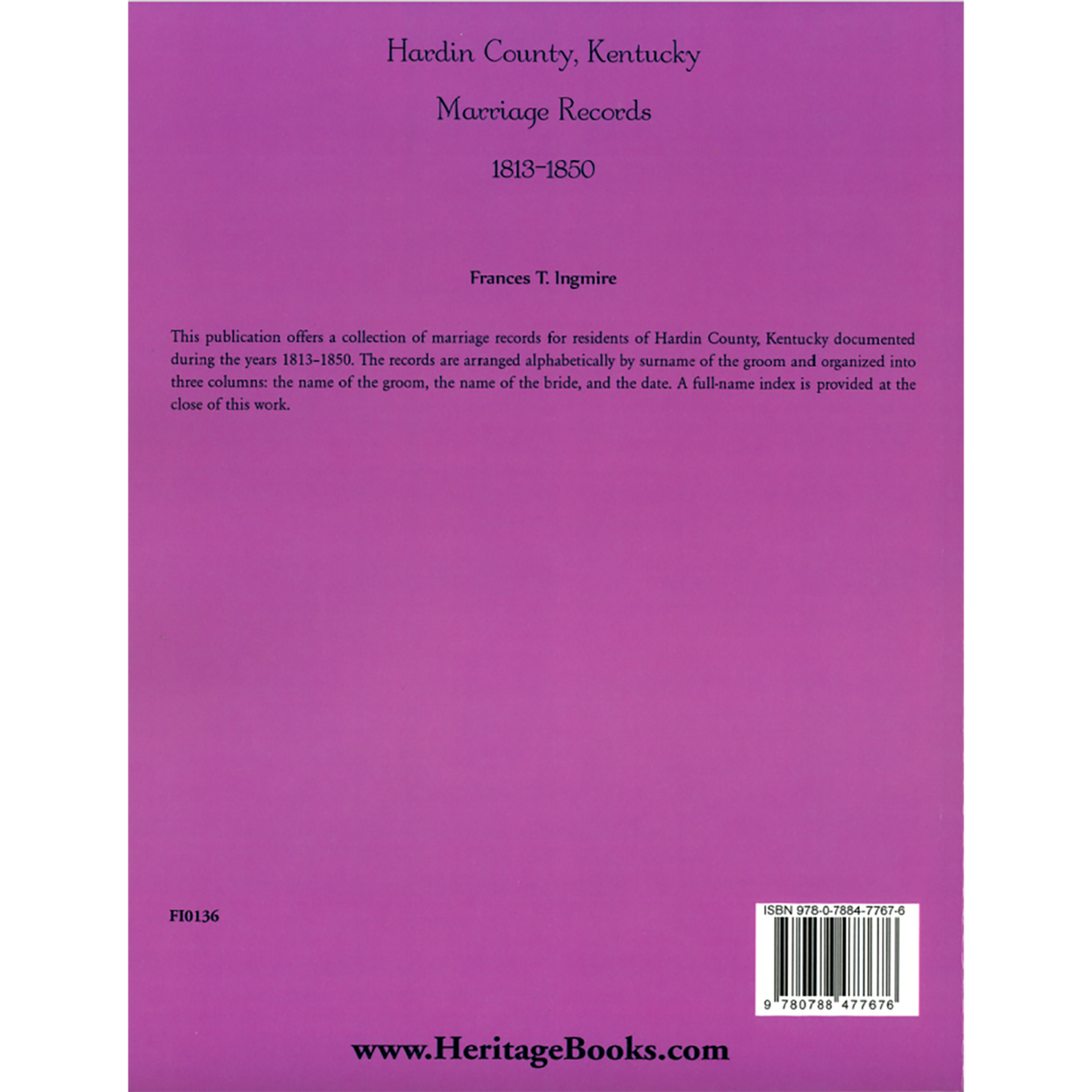 Hardin County, Kentucky Marriage Records, 1813-1850 back cover