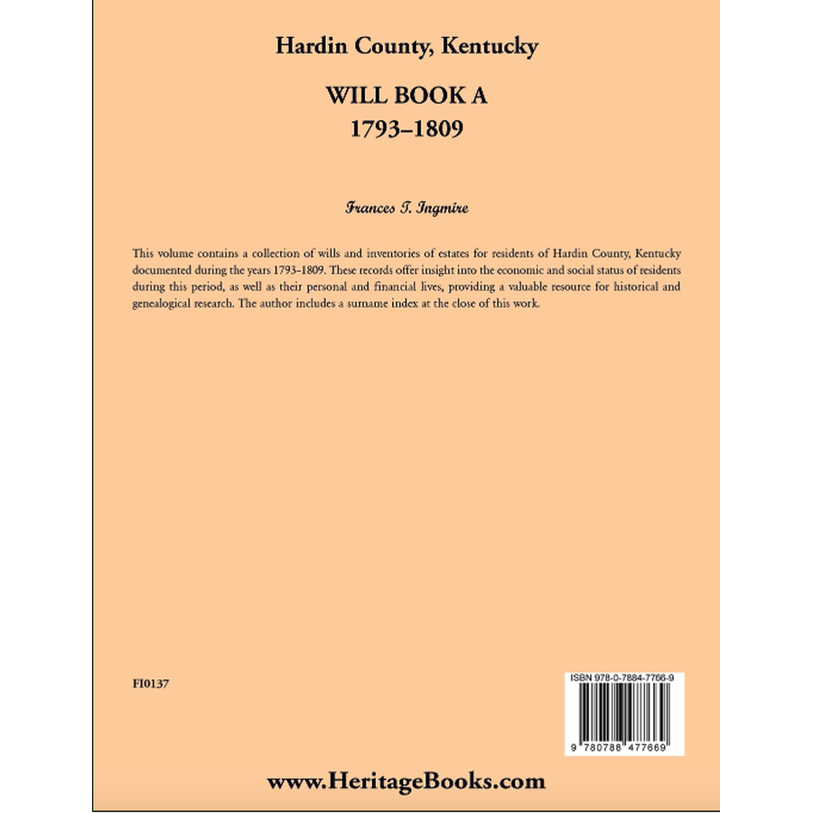 Hardin County, Kentucky Will Book A, 1793-1809 back cover