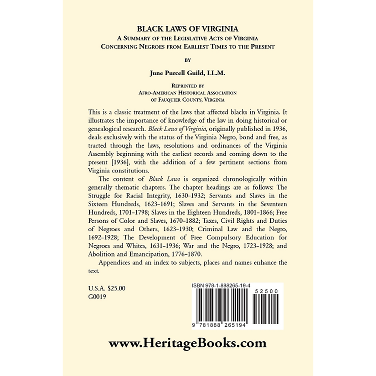 Black Laws of Virginia back cover
