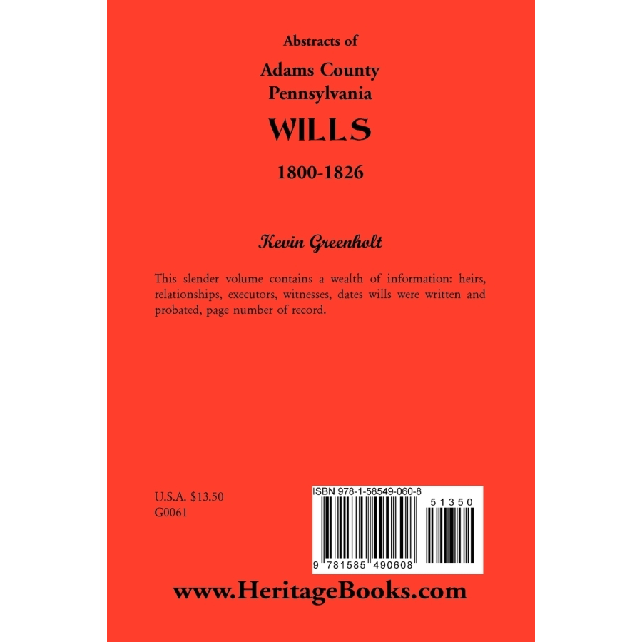 Abstracts of Adams County, Pennsylvania Wills 1800-1826 back cover
